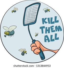 Funny vector motivation sticker with flies and hand with fly swatter. Cartoon style