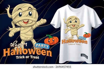 Lustige Vektormumie Cartoon mit Kürbis und Halloween Text.