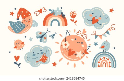 Die sonnige Vektorgrafik-Kollektion süßer Babyduschelemente: Sonne, Wolken, Mond, Regenbogen, Schmetterlinge. Naiver skandinavischer Stil. Boho handgezeichnet Grafik. Retro-Doodle-Kollektion für Kinderparty