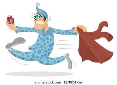 Funny Vector Overslept Man Gets Dressed And Runs On The Work Looking At Alarm Clock And Is Shocked. Cartoon Character Waking Up Too Late. Man Needs To Get Up Earlier. Morning And Overslept Concept.