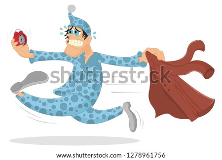 Funny vector overslept man gets dressed and runs on the work looking at alarm clock and is shocked. Cartoon character waking up too late. Man needs to get up earlier. Morning and overslept concept.