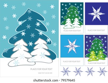 funny vector page layout with christmas tree, snow flakes and place for your text, color computer graphic design with hand drawn symbols
