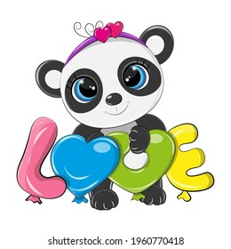 Graciosa panda vectorial con globos con la inscripción amor. El lindo panda se hace en forma de caricatura, la ilustración está diseñada para niños y adolescentes, para productos apropiados.