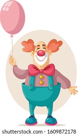 Funny Vector Party Clown Holding Pink Balloon. Illustration of a showman dressed in circus costume performing
