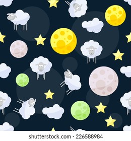 Funny vector pattern background with clouds, stars, bright planets and cute sheep on the dark cover in open space