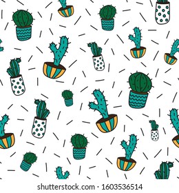 Funny vector pattern colorful cactuses and lines