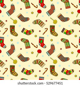 Funny vector pattern with colorful Christmas socks, sweets and stars.