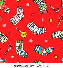 Funny vector pattern with colorful Christmas socks, sweets and stars.
