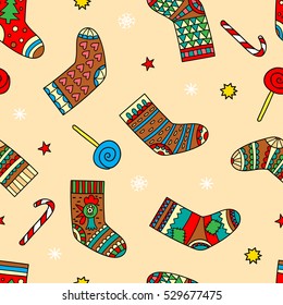 Funny vector pattern with colorful Christmas socks, sweets and stars.