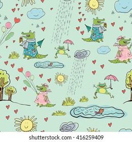 Funny vector pattern with crocodiles in a cartoon style. Sunny, with a smile, clouds, rain, frog under umbrella. Bright design for children.