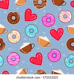 Funny vector pattern of donuts, cappuccino cups and red hearts on blue background