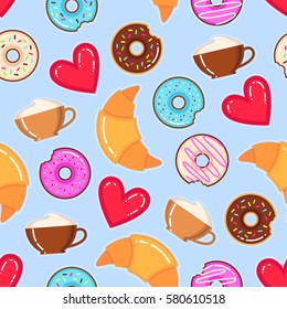 Funny vector pattern of donuts, cappuccino cups, croissants and red hearts on blue background