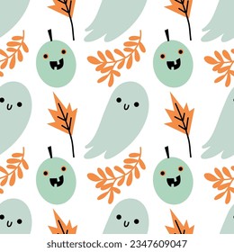 funny vector pattern for halloween. ghosts, pumpkins, autumn leaves and twigs on a white background. phosphor glow.
