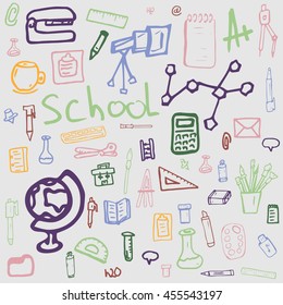 Funny Vector pattern with the image of school subjects and things. Handmade. 1 September. It can be used for packaging, invitations, holiday cards, etc.