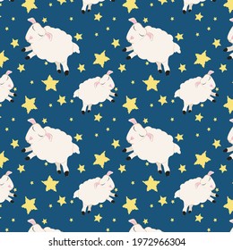 funny vector pattern on the theme of sleep with sheep and stars on a blue background
