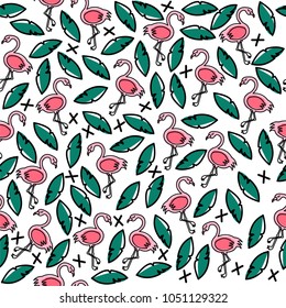 Funny vector pattern with pink flamingos and green leaves. Seamless summer background.