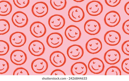 Funny Vector Pattern with Red Happy Emoticons on a Light Pink Background. Childish Drawing-like Doodle Print with Cute Emoticons with Eyes of Heart Shape. Funky Endless Romantic Irregular Design.