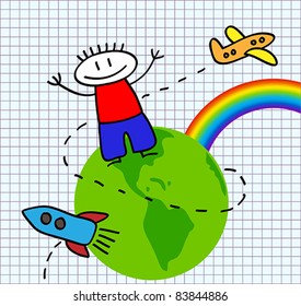 Funny vector picture with the boy, rainbow, green earth and flying rocket and aircraft