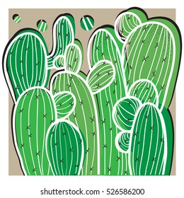 Funny vector picture with green cartoon cactuses.