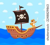 Funny vector pirate ship. Isolated flat cartoon illustration with one-eyed pirate cat. For printing, stickers and children's games.