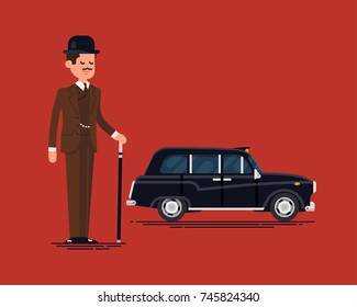 Funny Vector Posh Gentleman And Black London Taxicab Or Hackney Carriage