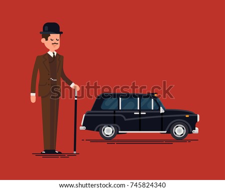 Funny vector posh gentleman and black London taxicab or hackney carriage