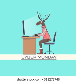 Funny vector poster Cyber Monday. Reindeer sitting at a computer
