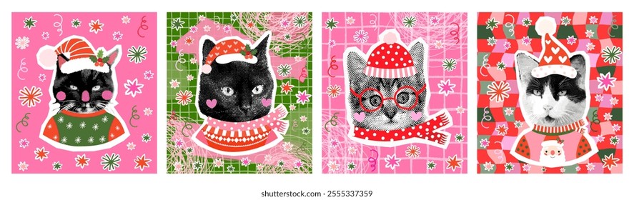 Funny vector posters and greeting cards with cute cats with ugly Christmas sweaters, halftone collage graphics