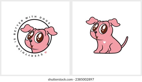 Funny Vector Print for Dogs Lovers. Everything is Better with Dogs. Set of 2 Illustrations with Cute Pink Little Puppy on a White Background. Happy Dog Print ideal for Poster, Wall Art, Sticker, Card.