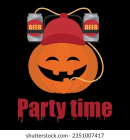 Funny vector pumpkin illustration. Happy halloween poster. Beer helmet. Metal can. Party time invitation 