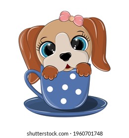 Funny vector puppy sitting in a blue polka-dot cup. Children's illustration of a pet is made in a cartoon style. The character smiles cutely and has big blue eyes