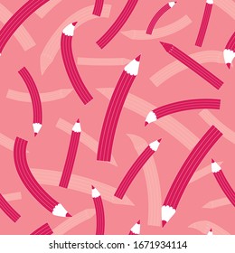 Funny vector repeat pattern with pink pencils and pencils silhouettes on pink background.