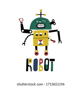 Funny vector robot in hand drawn style isolated on white background. Childish card.