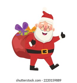 Funny vector Santa Claus carries a big bag with gifts.