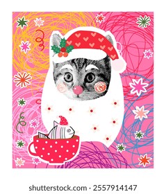 Funny vector Santa Claus Christmas cat face, Cute halftone collage greeting card, poster illustration