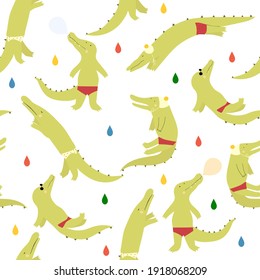 Funny vector seamless pattern with alligators or crocodiles. Cute zoo print  on  white  background. Simple and stylish Scandinavian repeat texture.