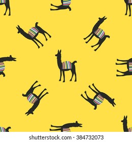 Funny vector seamless pattern with animals. Wallpaper with llama. Peru/Bolivian cape on back