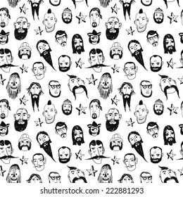 Funny vector seamless pattern with beards and different people. Isolated editable objects.