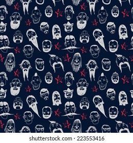 Funny vector seamless pattern with beards and different people on dark background. Isolated editable objects.