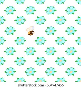 Funny vector seamless pattern with a bee and blue flowers. Use it as pattern fills, web page background, fabric or paper, backdrop design. Spring and summer template.