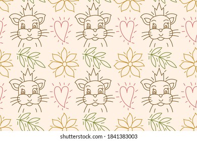 Funny Vector Seamless Pattern From Childrens Drawings. Cat, Branch, Flower And Heart. Delicate Summer Warm Colors. Print For Paper Book Cover Or Baby Bedroom Wallpaper