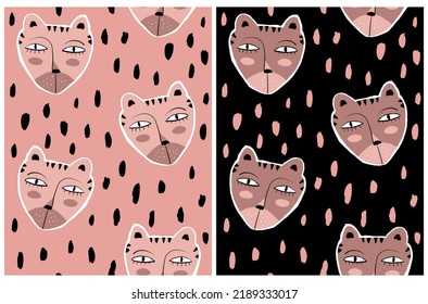 Funny Vector Seamless Pattern with Cute Tiger on a Black and Pink Background with Spots. Simple Infantile Style Repeatable Print with Hand Drawn Tiger Head ideal for Fabric,Textile, Wrapping Paper.
