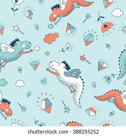 Funny vector seamless pattern. Cute hand drawn doodle design baby shower cards, brochures, invitations  with dragons, dinosaur, diamonds, flowers. Cartoon animals background. Child wallpaper 