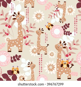Funny vector seamless pattern with cute giraffes