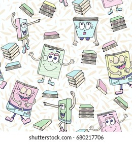 Funny vector seamless pattern with doodle books. Characters smile, dance, laugh and wonder. Vector line art illustration.