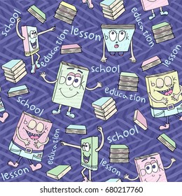 Funny vector seamless pattern with doodle books. Characters smile, dance, laugh and wonder. Vector line art illustration.