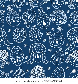 Funny vector seamless pattern with faces of people in winter hats.