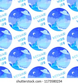 Funny vector seamless pattern with frightened mermaid, who saw the ufo in the sky. Text. Isolated on the white background.