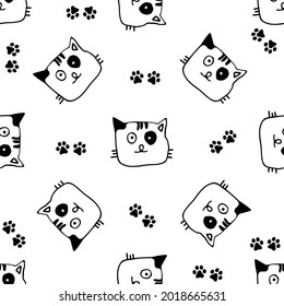 Funny vector seamless pattern with hand drawn difference cats, paws, naive childish ornament. Doodle pattern for printing on fabric, clothing, wrapping paper, wallpaper for a kid's room, baby things