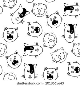 Funny vector seamless pattern with hand drawn difference cats, paws, naive childish ornament. Doodle pattern for printing on fabric, clothing, wrapping paper, wallpaper for a kid's room, baby things